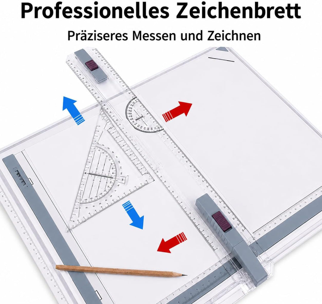 DIN A3 Zeichenbrett A3-Zeichenbrett-Set mit Schiebelineal, inklusive Zeichenwerkzeugen, Zirkel, Zeic