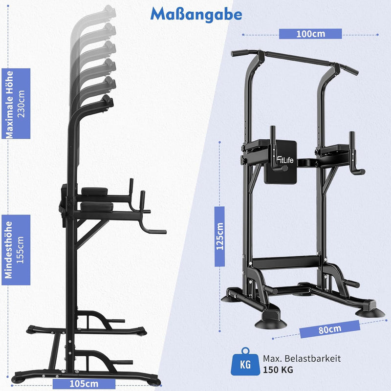DH FitLife Power Tower Dip Station | Sport Geräte mit Klimmzugstange, Dip Barren u. Rückentrainer |