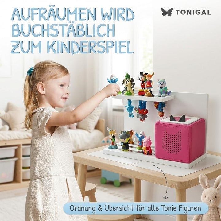 Tonie Regal Weiss zum Hinstellen stehend für bis zu 40 Tonie Figuren, Toniebox &amp; Ladestation I passe