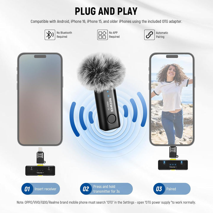 NEEWER Wireless Lavalier Mikrofonsystem, 1 x USB C Empfänger mit OTG Adapter 2 x Rauschunterdrückung