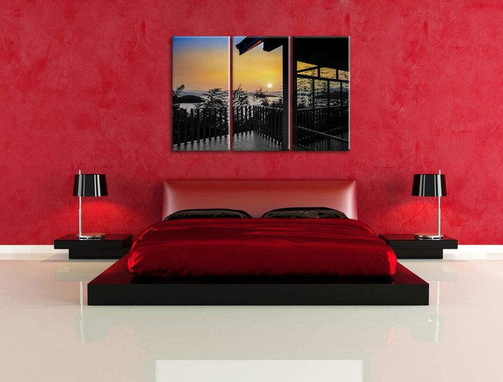 Aussicht auf Sonnenuntergang über See schwarz/weiss 3-Teiler Leinwandbild 120x80 Bild auf Leinwand,