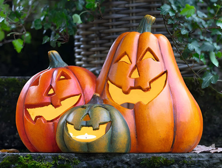 Dekoleidenschaft Dekofigur Kürbistrio Smile 35 cm breit, Outdoor Herbstdeko wetterfest, Windlicht, H