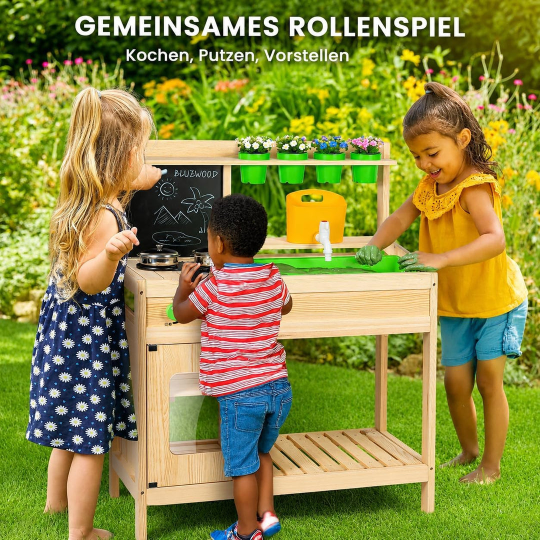 BlueWood Matschküche Kinder Outdoor – FSC Holz Küche mit Wasserhahn, Spielbecken &amp; Stauraum für Gart