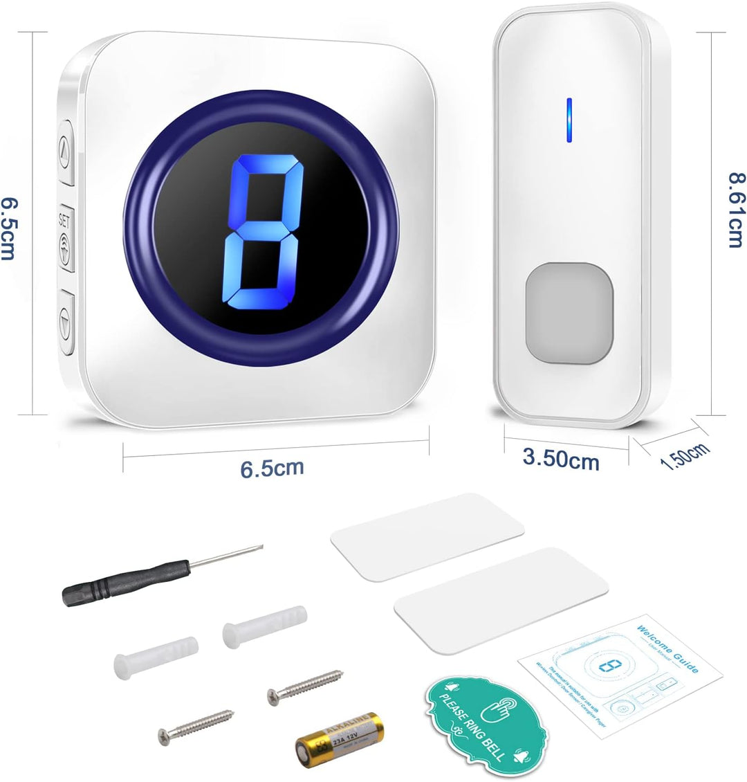 Funkklingel kabellose, IP55 Wasserdicht Türklingel Set, LED-Nummernanzeige, 5 Lautstärke Stufen, 55