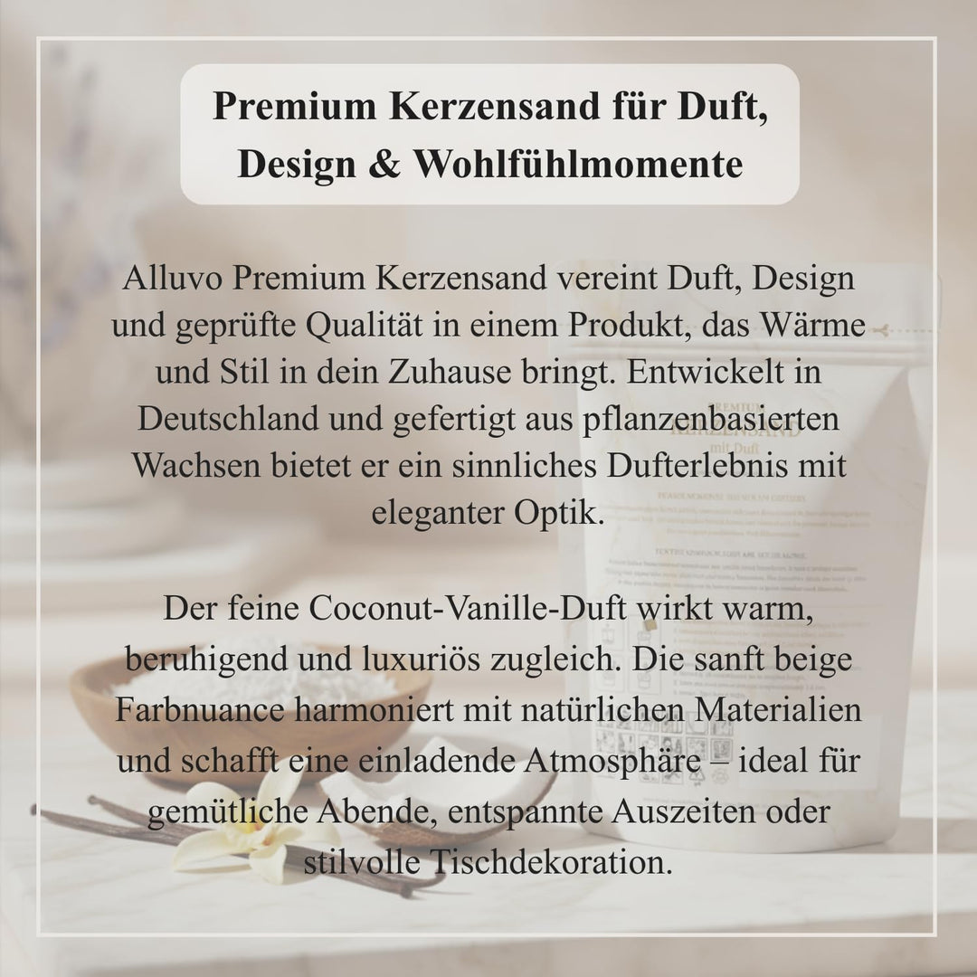 Premium Kerzensand Vanille Kokosnuss 450 g, Duftkerzen-Sand beige inkl. 8 Dochte, pflanzenbasiertes,
