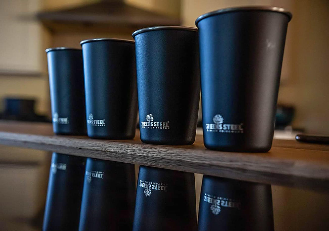 Greens Steel Edelstahlbecher - 4 Stück, Schwarz, 475ml I Einwandiges, stapelbares & wiederverwendbar