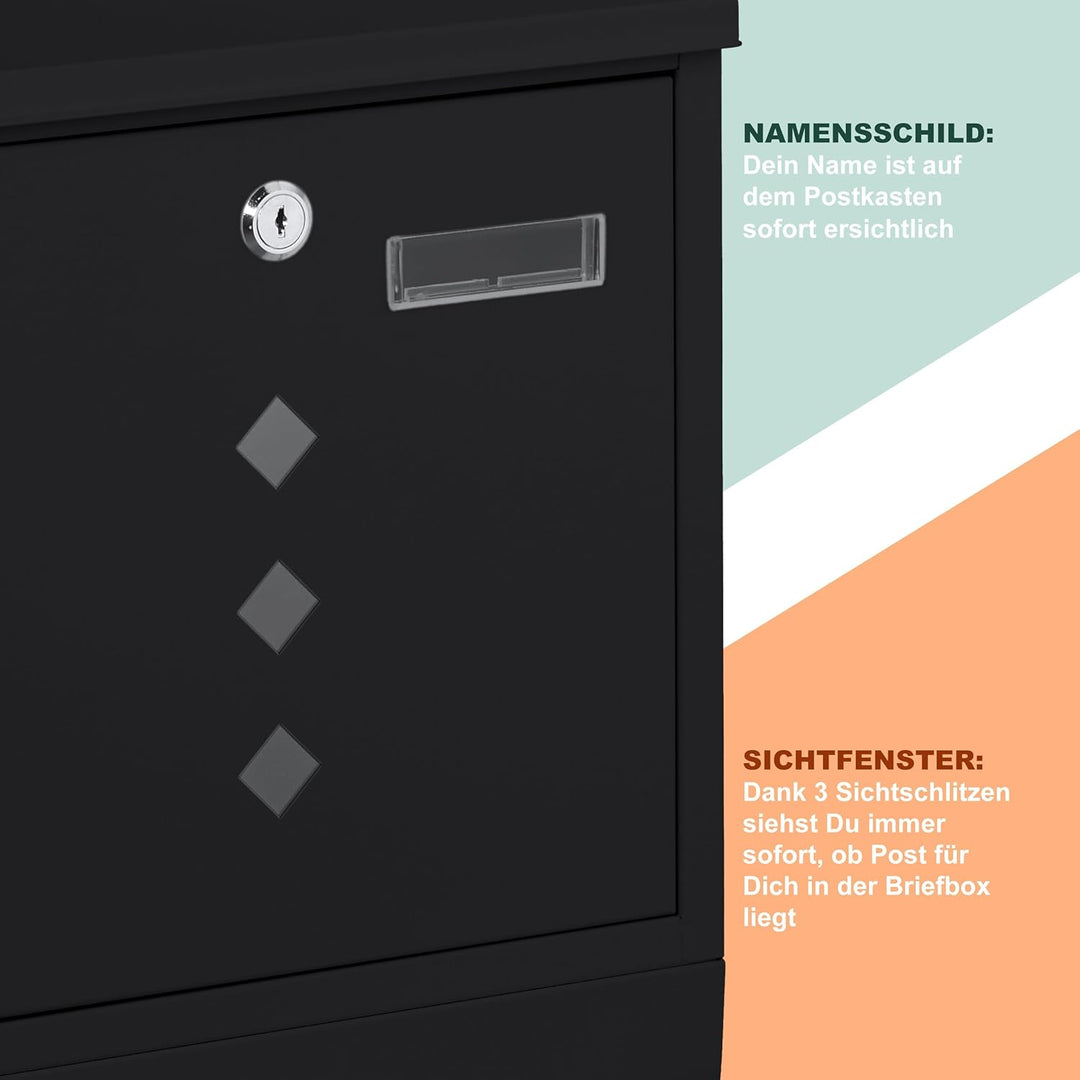 Relaxdays Briefkasten mit Sichtfenster, Metall, 4 Schlüssel, Zeitungsfach, Postkasten, HBT ca. 38 x