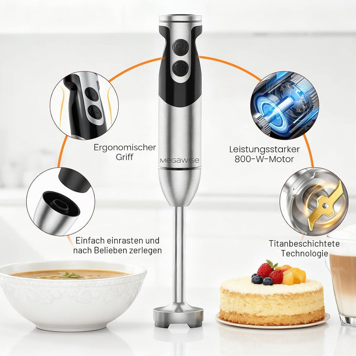 MegaWise 3-in-1 Stabmixer mit Titanbeschichtung, 400W Leistung mit 12 Geschwindigkeiten, 80% Schärfe
