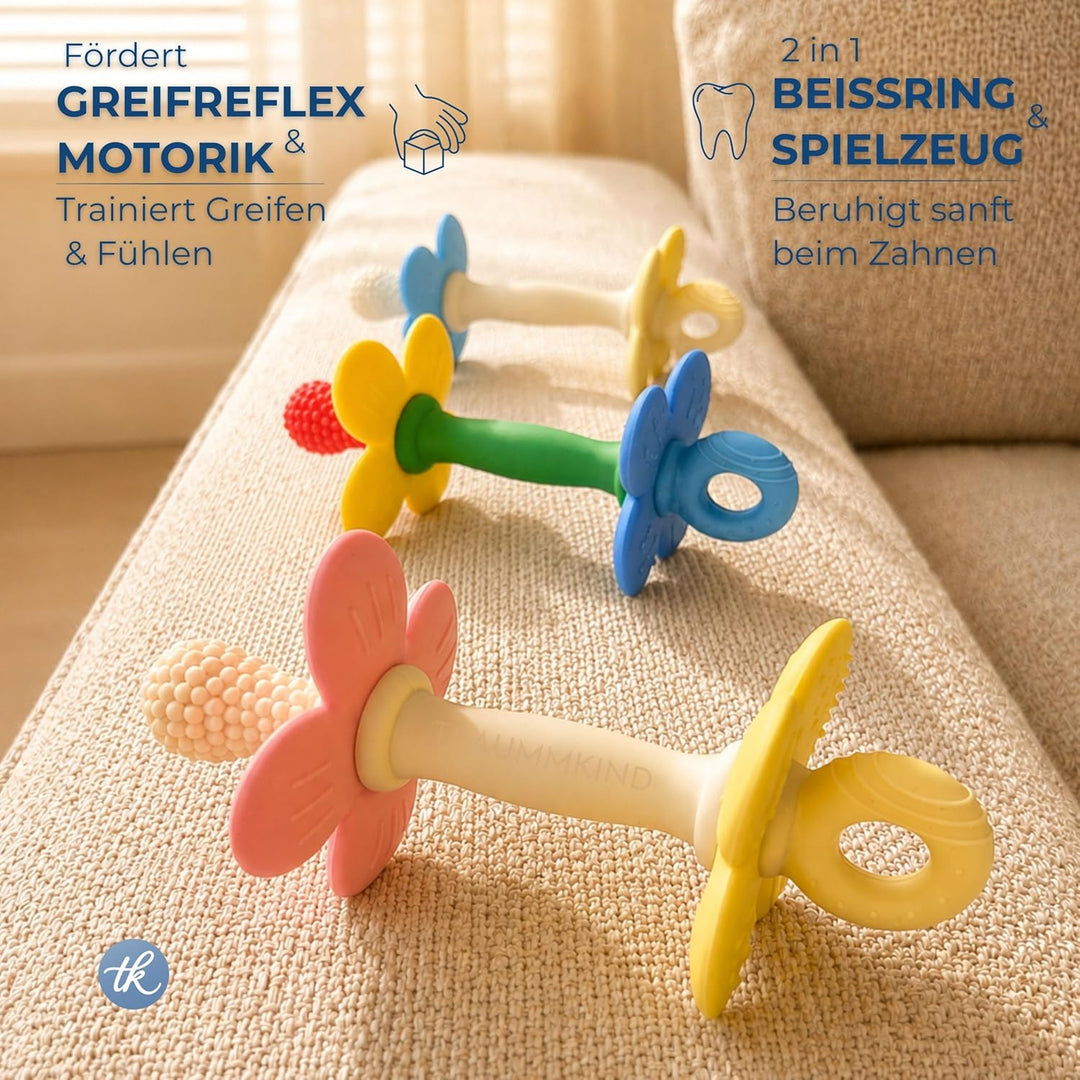 Beissring Baby Blume mit Clip – Baby Zahnungshilfe aus BPA-freiem Silikon, weich &amp; flexibel, Greifli