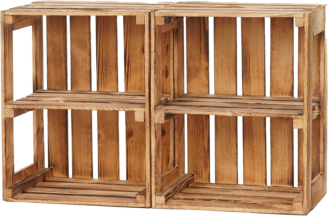 GrandBox Geflammte Holz-Kiste 50x40x30cm 3er Set mit Mittelbrett, Wein-Kiste, Obst-Kiste, Kaminholz-