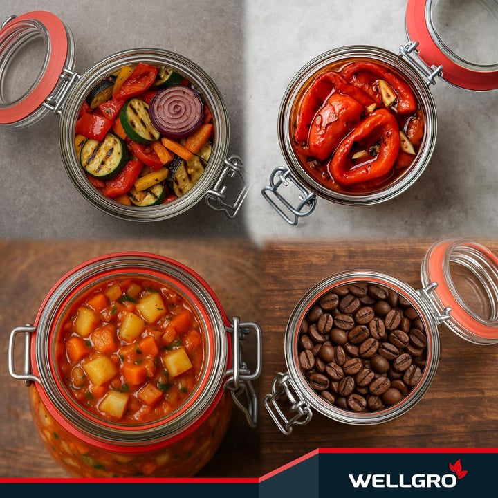 WELLGRO 3x Einmachgläser mit Bügelverschluss rund 1140ml, Fermentierglas, Vorratsgläser mit Deckel -