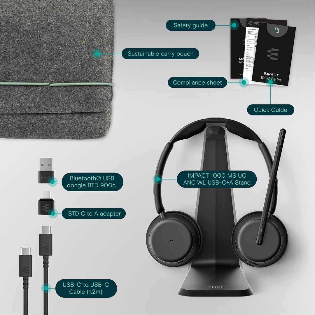 EPOS Impact 1000 MS UC ANC Bluetooth-Headset mit Ladestation und USB-C + USB-A Adapter für PC und Ma