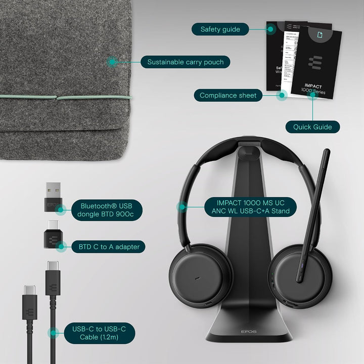 EPOS Impact 1000 MS UC ANC Bluetooth-Headset mit Ladestation und USB-C + USB-A Adapter für PC und Ma