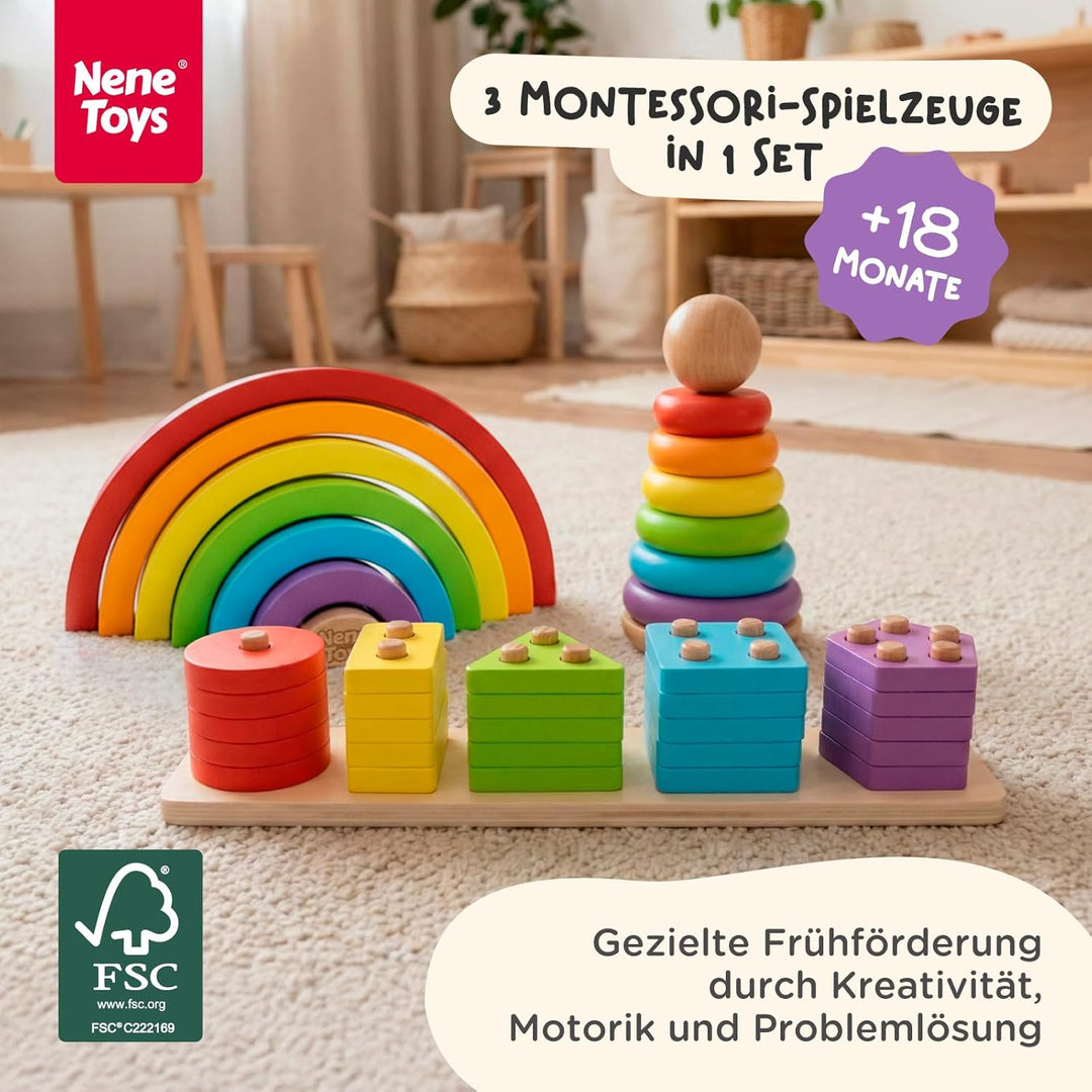 Nene Toys Montessori Holzspielzeug ab 1 Jahr – FSC 3-in-1 Regenbogen, Stapelturm & Sortier-Steckspie