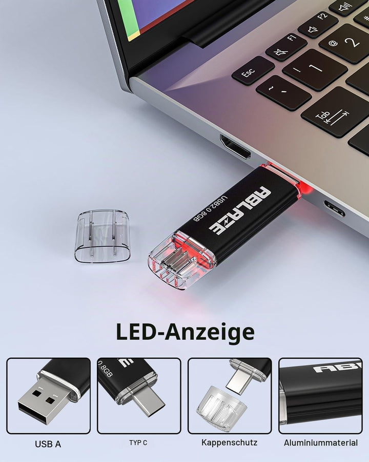 10 Stück USB C Stick 8GB OTG 2.0, ABLAZE Dual Speicherstick 2-IN-1 für Type-C Handy/Smartphone/Lapto
