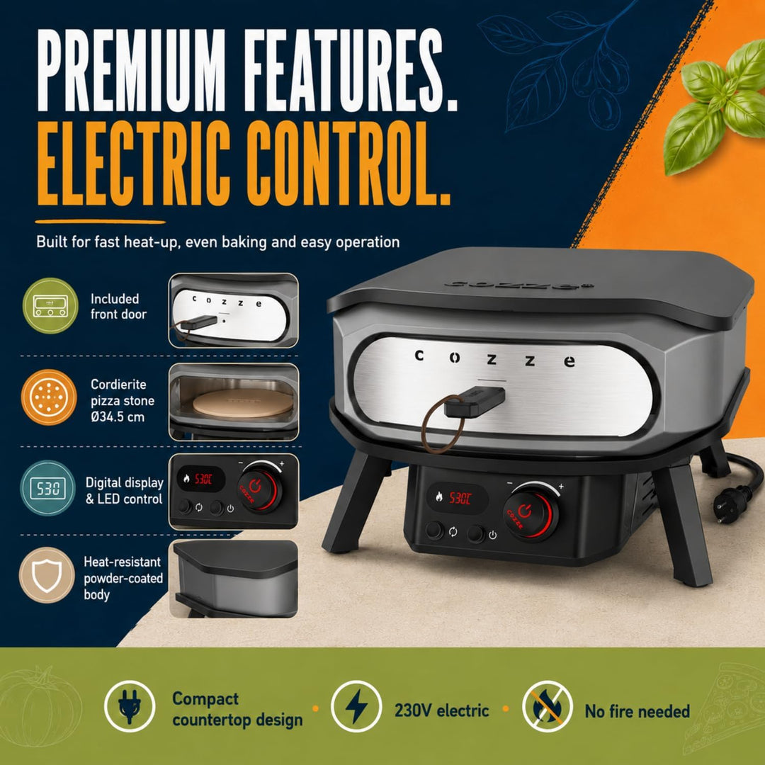 cozze® 13" PREMIUM ROTATE Pizzaofen Elektrisch mit Drehstein inkl. Regler und 2 m. Stecker – Perfekt