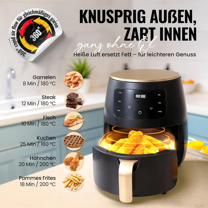 Heissluftfritteuse - 6 L kompakte Heissluftfritteuse für schnelle Mahlzeiten, Touch Controls, Airfry