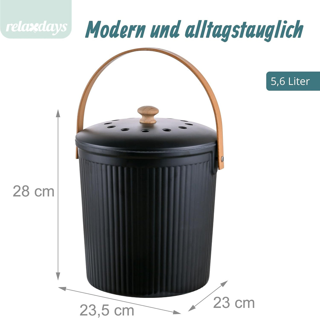 Relaxdays Komposteimer Küche, 5,6 Liter, 2 Aktivkohlefilter, schwarz | Deckel, Bambus-Henkel, Polyre