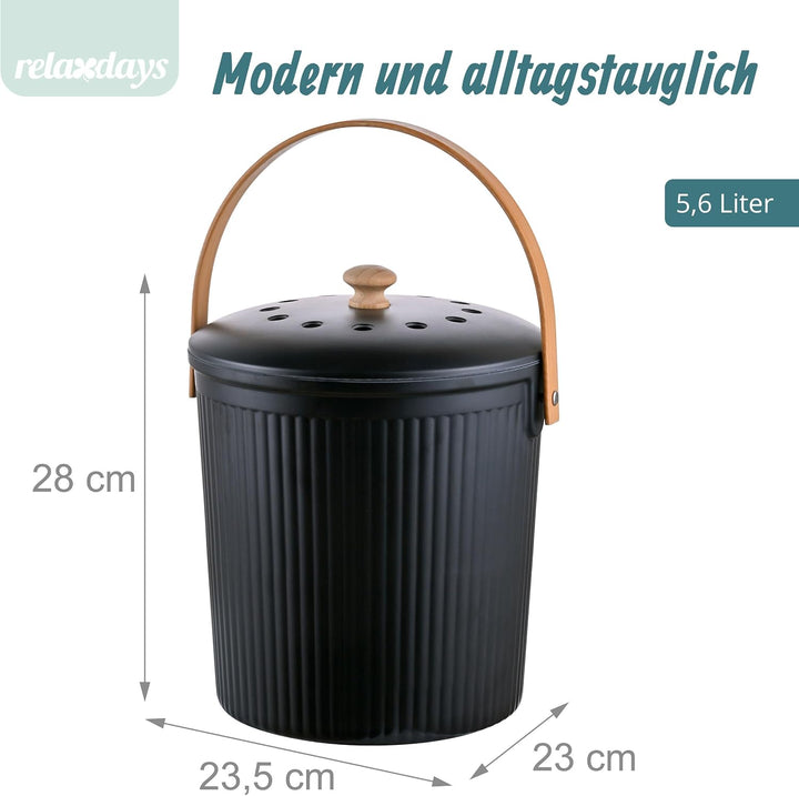 Relaxdays Komposteimer Küche, 5,6 Liter, 2 Aktivkohlefilter, schwarz | Deckel, Bambus-Henkel, Polyre