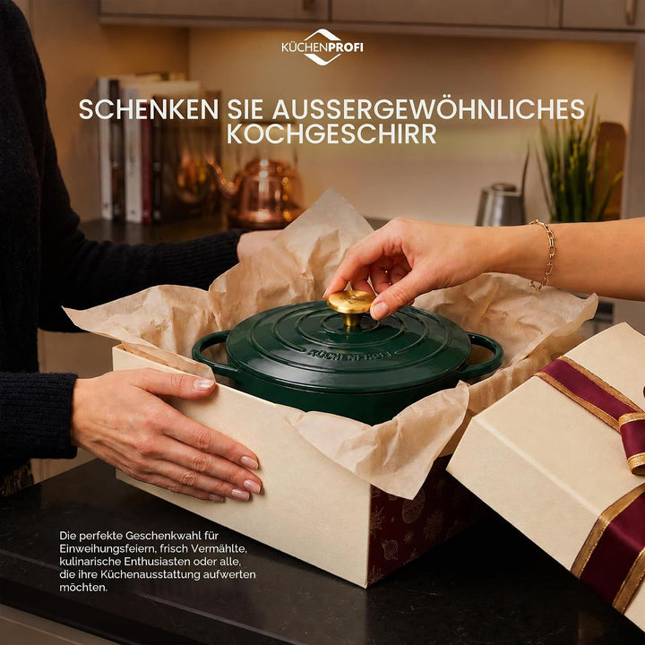 Küchenprofi Gusseisen Bräter mit Deckel, grün/innen schwarz , 24 cm, Schmortopf, Auflaufform, Dutch