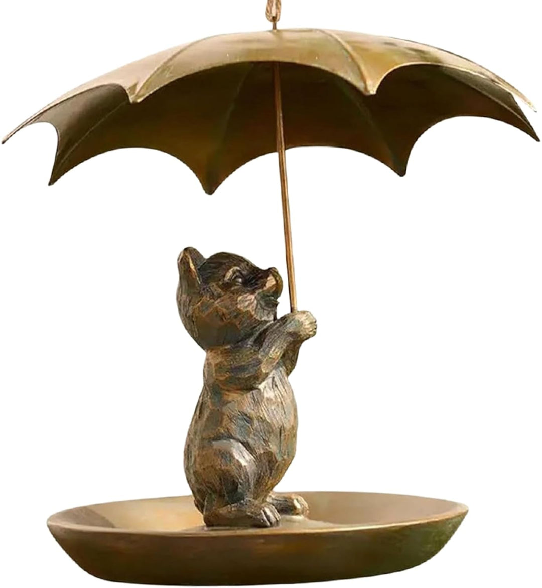 Animal Bird Feeder with Umbrella - Cute Squirrel/Cat/Dog Holding Umbrella Design Bird Feeder - Metal