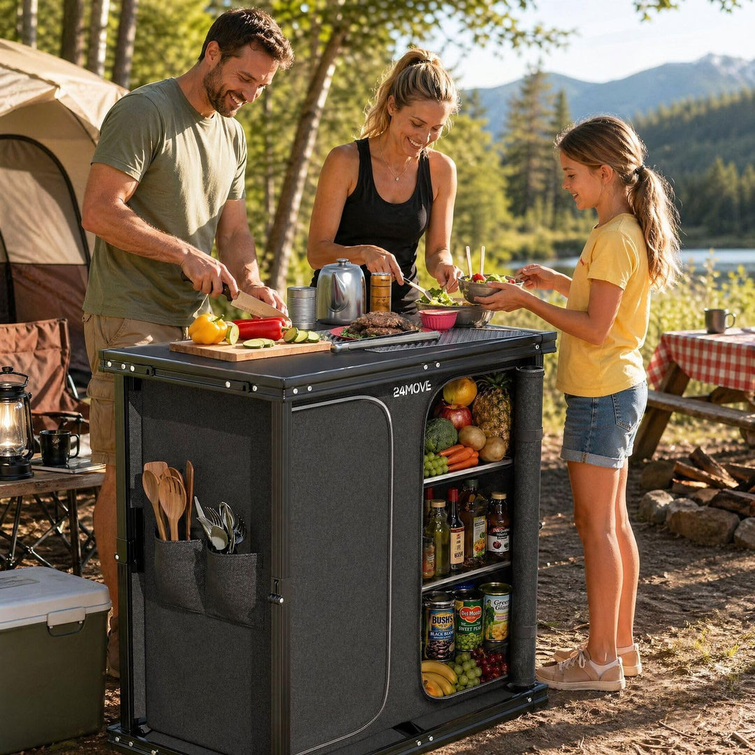 24MOVE® Campingküche faltbar, höhenverstellbarer Campingschrank Alu Reiseküche mit Arbeitsplatte und