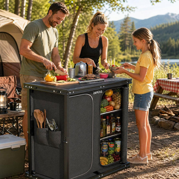 24MOVE® Campingküche faltbar, höhenverstellbarer Campingschrank Alu Reiseküche mit Arbeitsplatte und