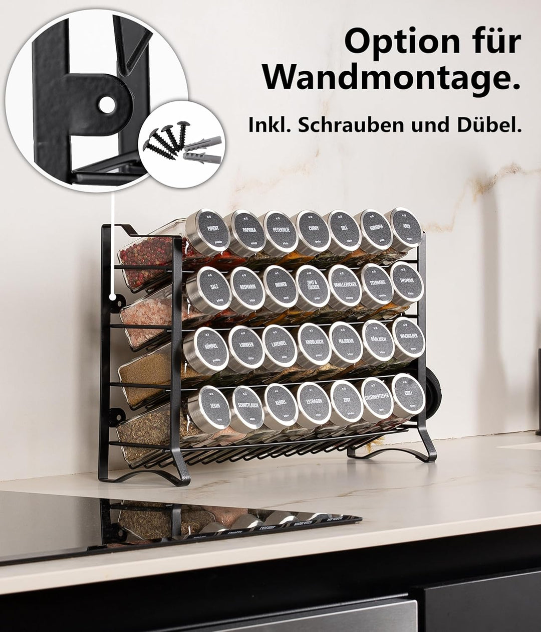 Deco haus® Gewürzregal Stehend & Wand [MIT 28 GLÄSERN & ETIKETTEN] - Gewürz Organizer - Gewürzregal