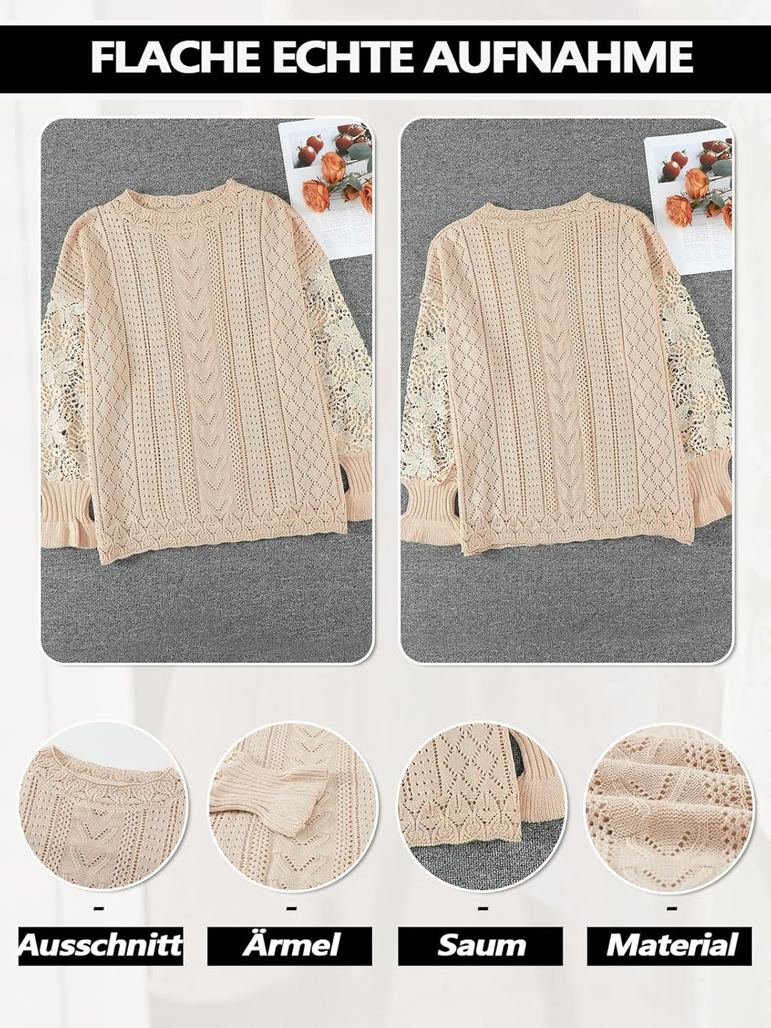 Maavoki Pullover Damen Spitze Strickpullover Lässige Rundhals Lace Langarm Häkelpullover Elegantes E