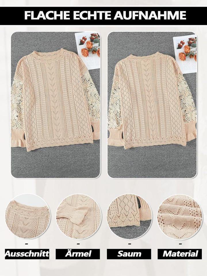 Maavoki Pullover Damen Spitze Strickpullover Lässige Rundhals Lace Langarm Häkelpullover Elegantes E