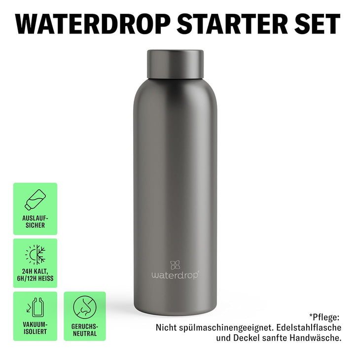 waterdrop® Starter Set - 600ml Trinkflasche mit Geschmack inkl. 18 zuckerfreie Drops - Geschenk für