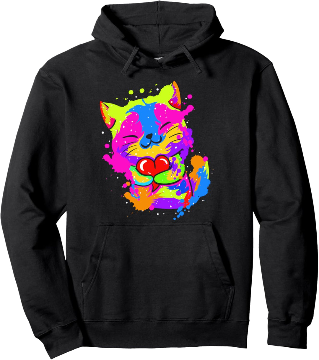 Colorful Cat Hugging Heart 1st Mothers Day Gifts Moms Girls Pullover Hoodie