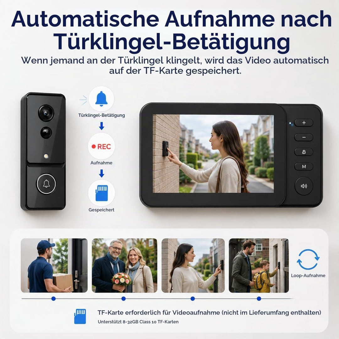 Video Türklingel mit Monitor 4,3 Zoll, Kabellose Türklingel mit Kamera, Ohne WLAN &amp; ABO, PIR Bewegun