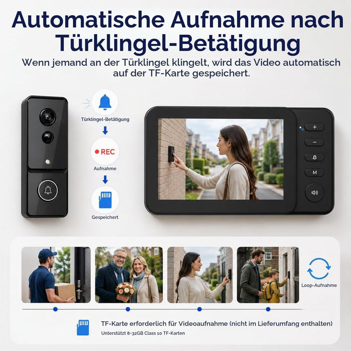 Video Türklingel mit Monitor 4,3 Zoll, Kabellose Türklingel mit Kamera, Ohne WLAN &amp; ABO, PIR Bewegun