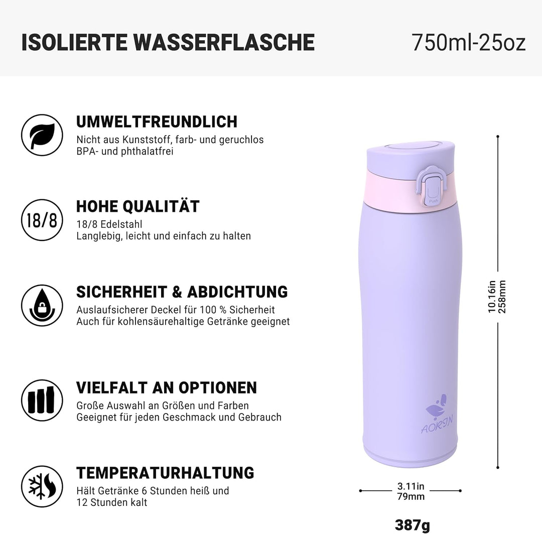 AORIN Trinkflasche Edelstahl 18/8, 750ml, Auslaufsicher Thermoskanne Isolierflasche Doppelwandig mit