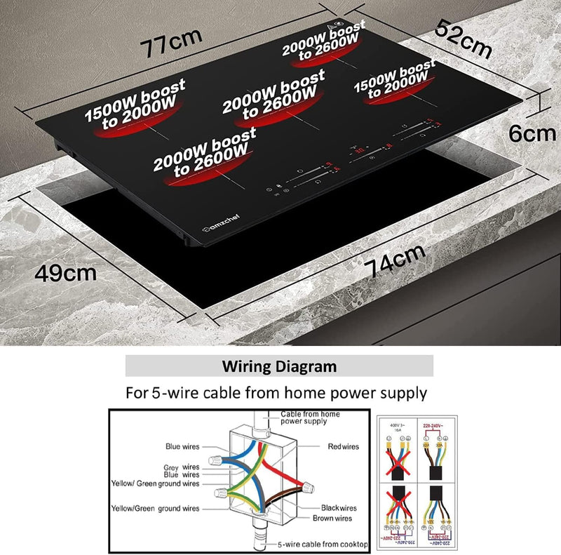 AMZCHEF Induktionskochfeld 5 Zonen Einbau Induktionskochplatte mit Booster und 9 Stufen, Pausenfunkt