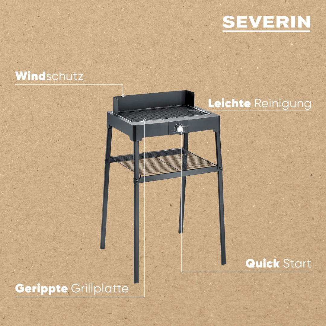 SEVERIN Standgrill mit Aluminium-Grillplatte und Standuntergestell mit Ablagerost, Elektrogrill mit