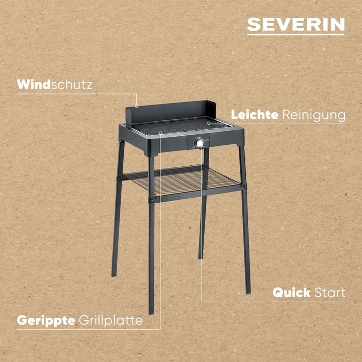 SEVERIN Standgrill mit Aluminium-Grillplatte und Standuntergestell mit Ablagerost, Elektrogrill mit
