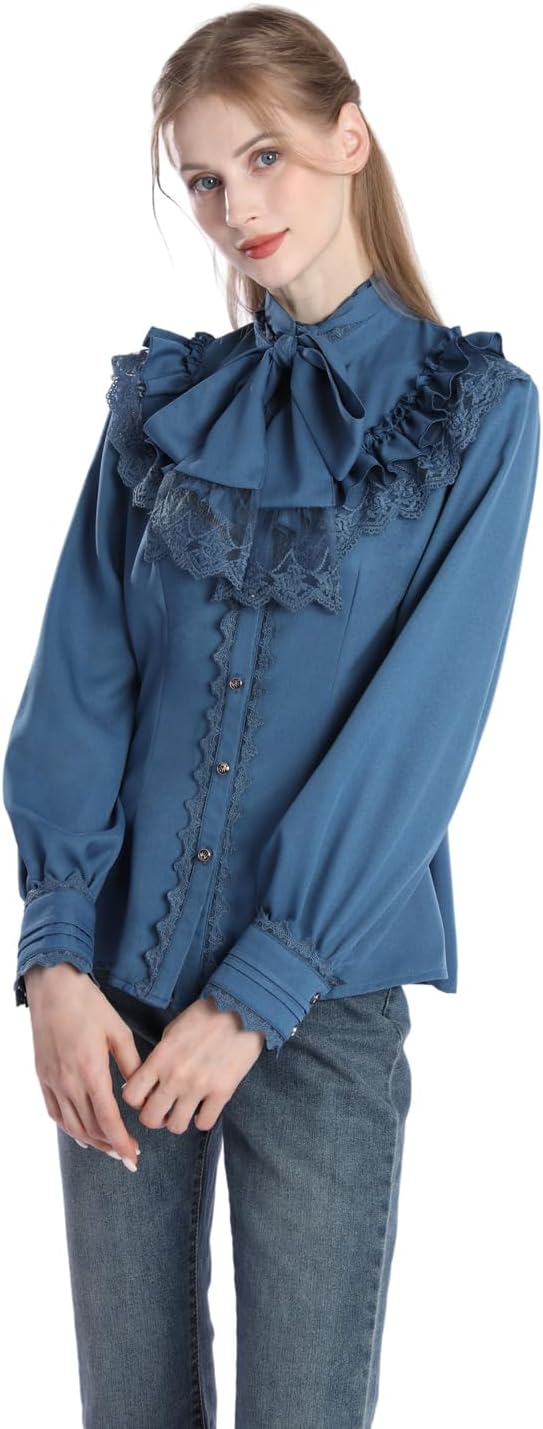 Fiamll Damen Viktorianisch Bluse Vintage Schleifenhemd Stehkragen mit Ruff Langarmshirt Mittelalter