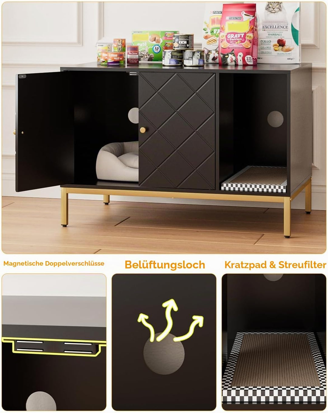 Katzenklo Schrank, Katzenkloschrank mit Doppeltüren, Katzenhaus mit Kratzmatte, hohe Beine, für Katz