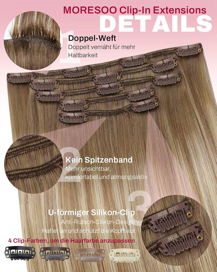 Moresoo Ombre Echthaar Extensions Clip Braun Remy Haarextension Echthaar Clip Hellbraun mit Goldblon