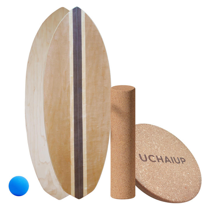 Holz Balance Board mit Rolle & Halbkugel -Gleichgewichtstraining für Erwachsene - Inkl. Trainingsbal