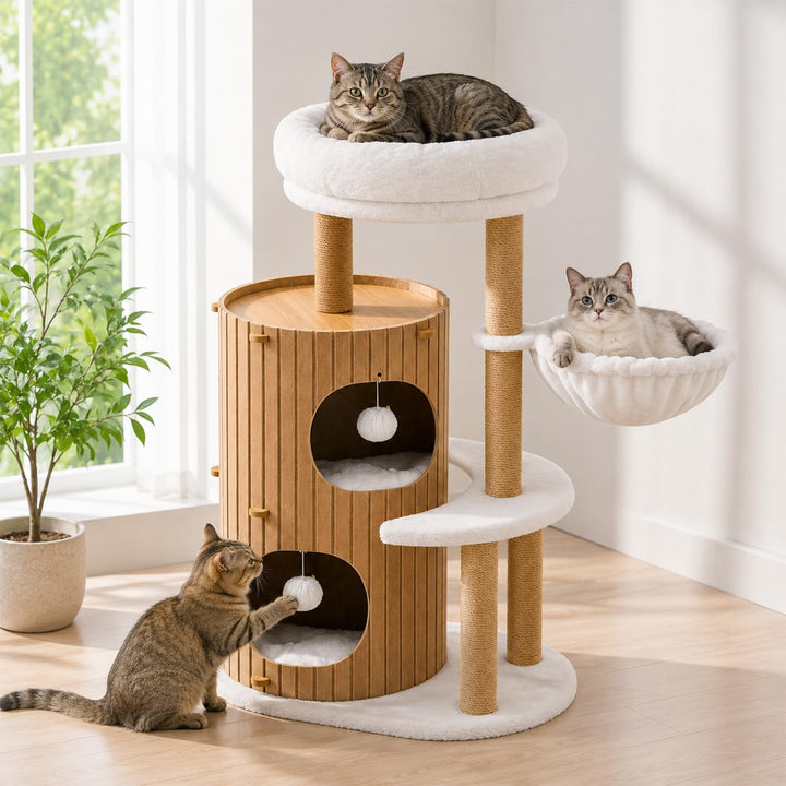 Premium kratzbaum mit 2er Kratztonne, Katzenbaum＆Grosse Plattformen | Sisalstämme, Kratzrampe, Katze
