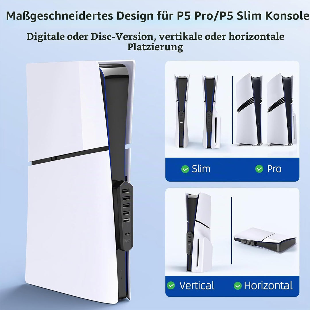 Auarte USB Hub für PlayStation 5 Pro/Slim Console, 1 Typ C 3.1 Anschluss, 4 USB 2.0 Anschlüsse, 1 US