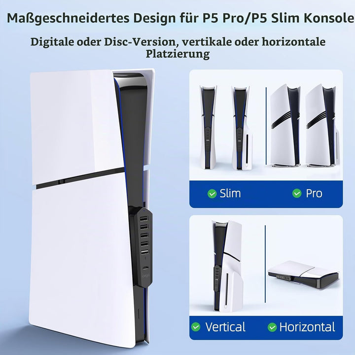 Auarte USB Hub für PlayStation 5 Pro/Slim Console, 1 Typ C 3.1 Anschluss, 4 USB 2.0 Anschlüsse, 1 US