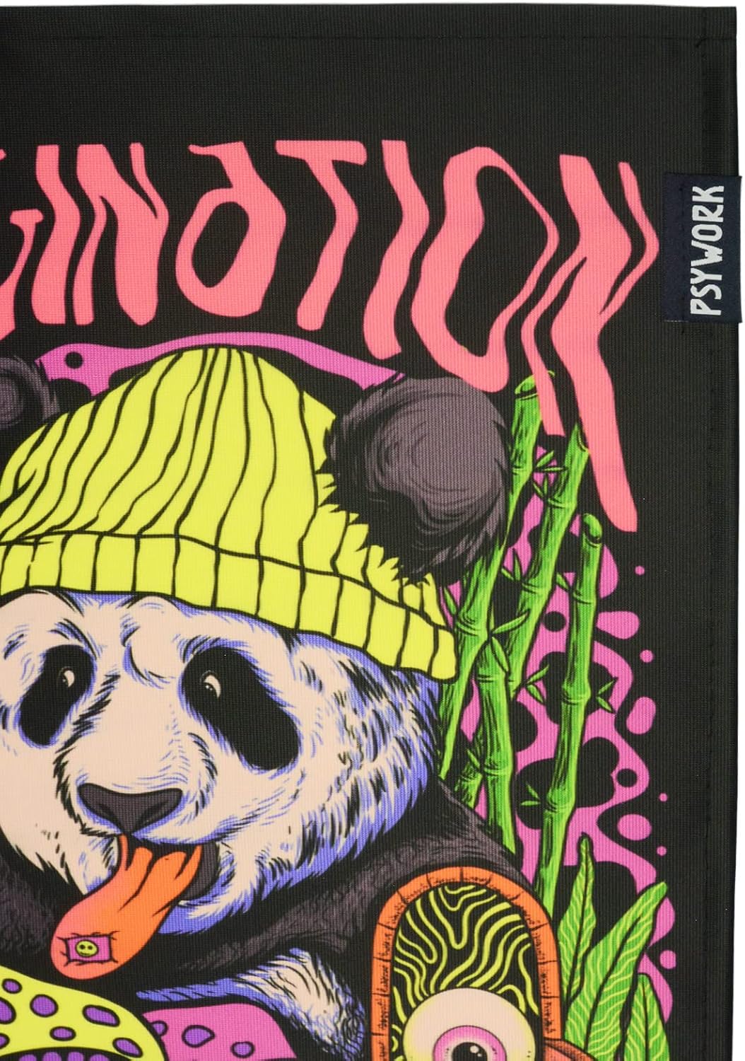 PSYWORK Schwarzlicht Stoffposter Neon | Imagination Panda | 0,3 x 0,45m | UV-aktiv | fluoreszierend