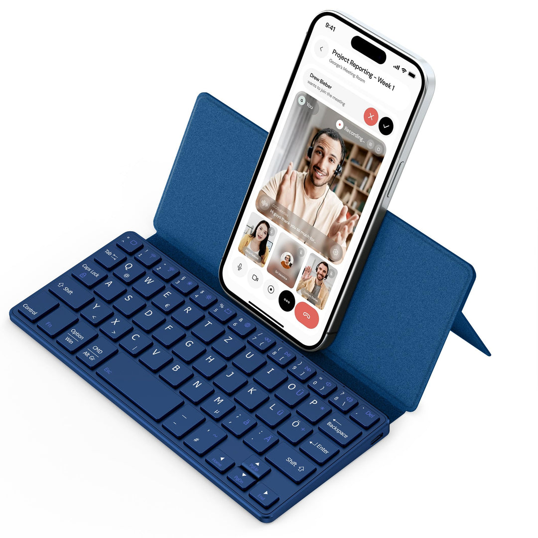 CACOE Bluetooth Tastatur mit Ständer, Mini Tastatur für Handy, Ultraflache Tragbare, Faltbare, Dual-
