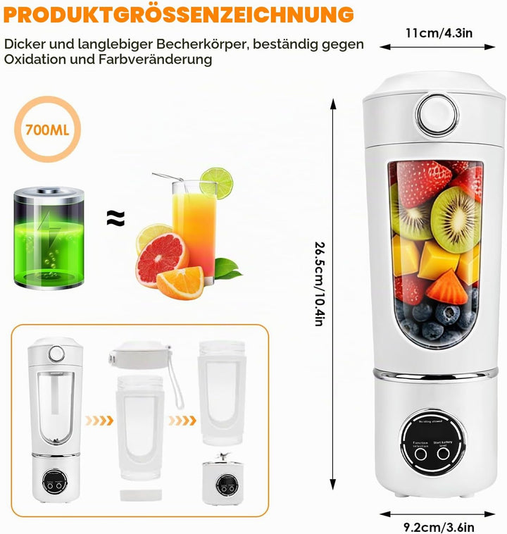 Tragbarer Mixer/Blender/Smoothie Maker, 700 ml Maker to Go Mini-Standmixer mit 12-Klingen Edelstahl