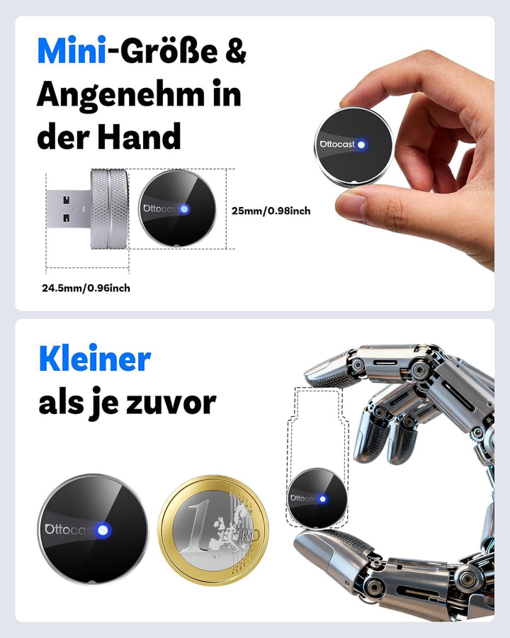 OTTOCAST Mini Tube 2026, Wireless CarPlay & Android Auto Adapter für iOS 10+/Android 11+, Plug & Pla
