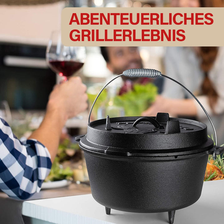 BUFFALO BBQ eingebrannter Dutch Oven - gusseiserner Feuertopf mit 7,5 L Fassungsvermögen - inkl. Dec